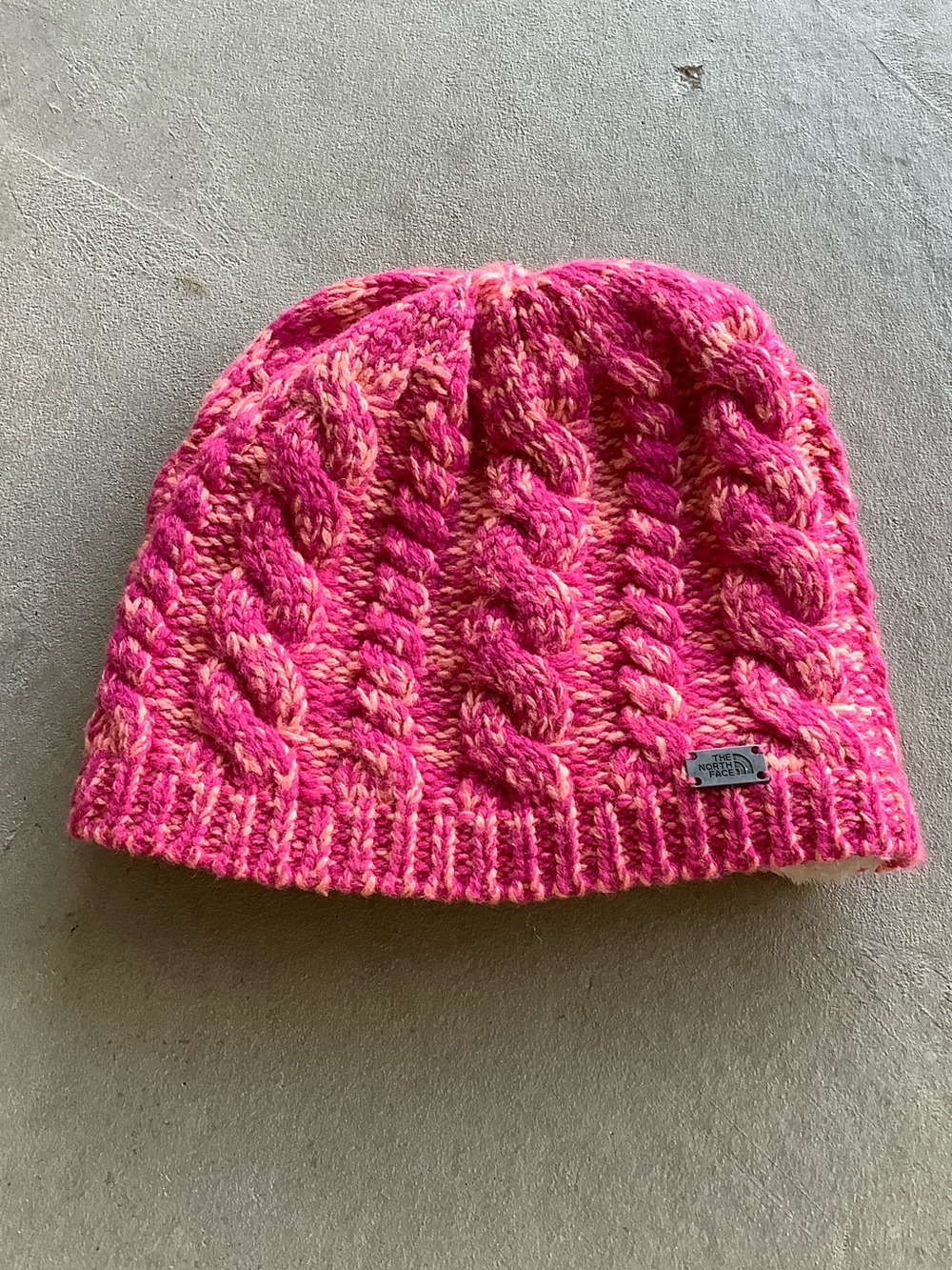 The north face 2 tone pink cable knit beanie hat
